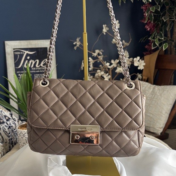 Michael Kors Handbags - Michael Kors Quilted Chain-Strap Shoulder Bag in Taupe Brown